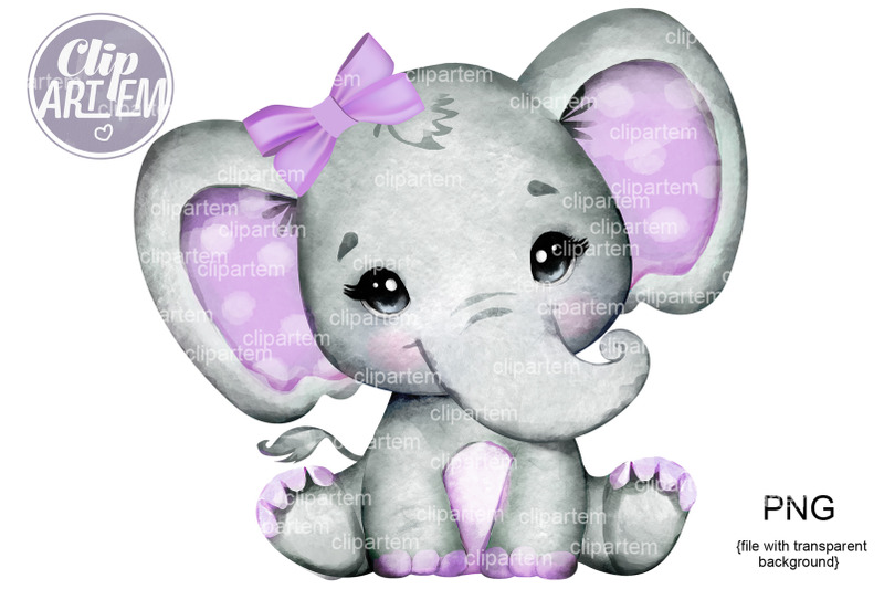 cute-baby-girl-elephant-purple-bow-png-watercolor-baby-clip-art