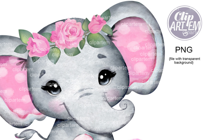 pink-floral-elephant-png-roses-crown-images-watercolor-baby-girl