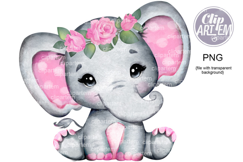 pink-floral-elephant-png-roses-crown-images-watercolor-baby-girl