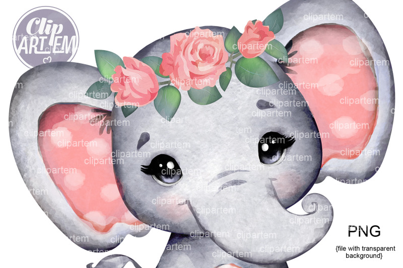 peach-coral-girl-elephant-png-floral-roses-crown-baby-girl-elephant