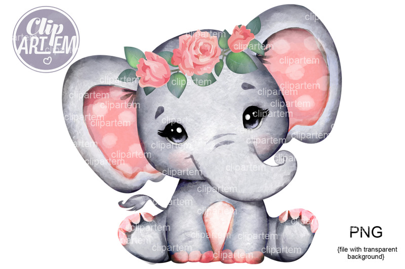 peach-coral-girl-elephant-png-floral-roses-crown-baby-girl-elephant