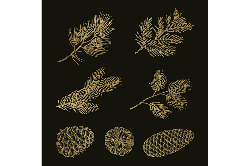 gold-fir-branches-and-cones-doodle-vector-set