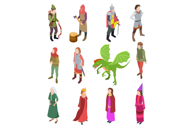 medieval-isometric-characters-knight-dragon-man-royal-ancient-priest