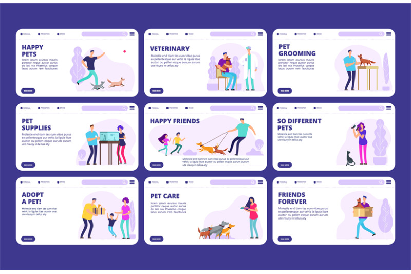 people-with-pets-landing-pages-template-vector-characters-people-dog