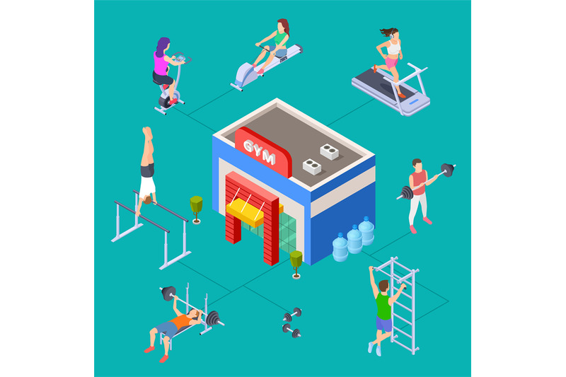 isometric-sport-club-concept-vector-gym-building-and-fitness-equipmen