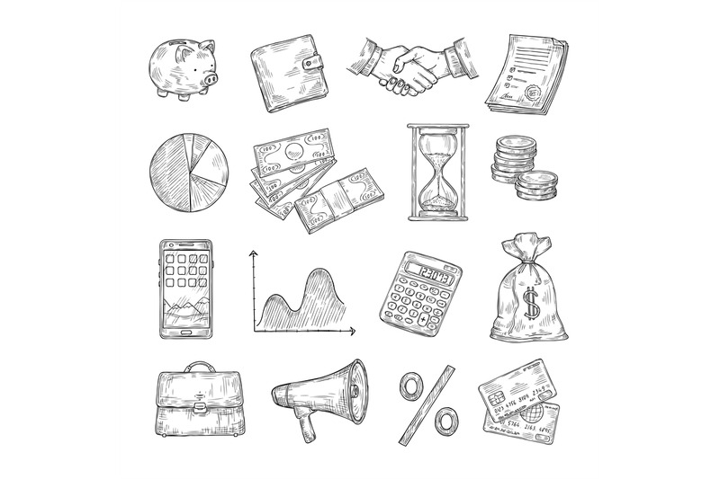 sketch-finance-hand-drawn-money-coin-pile-financial-charts-piggy-bank