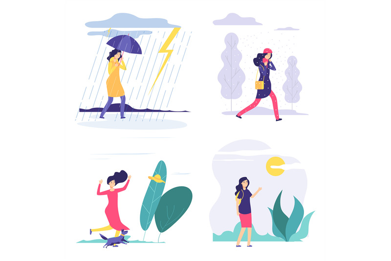 four-seasons-woman-various-weather-illustration-vector-autumn-summer