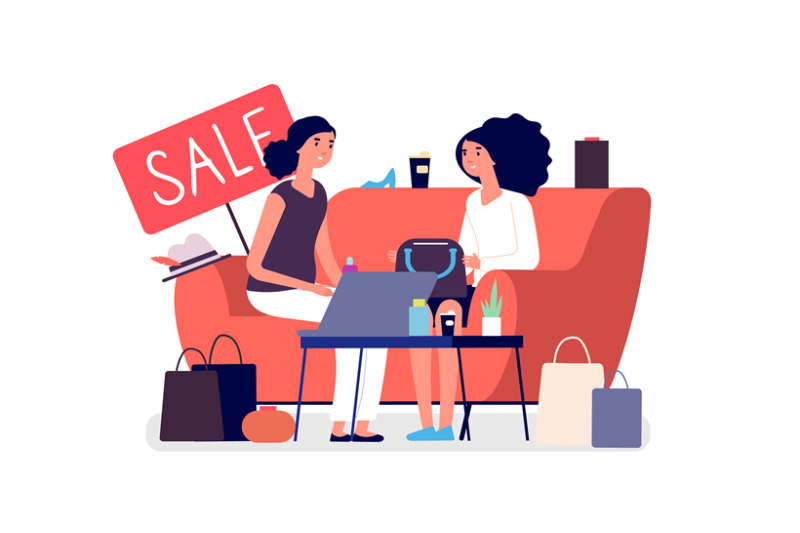 woman-shopping-girls-discuss-purchases-sale-discount-flat-vector-co