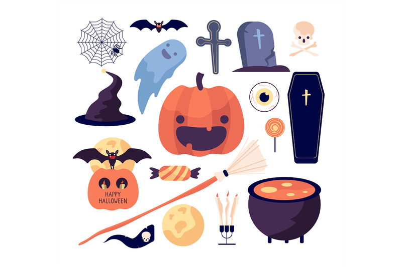 halloween-set-spider-web-and-pumpkin-bat-and-coffin-grave-and-moon