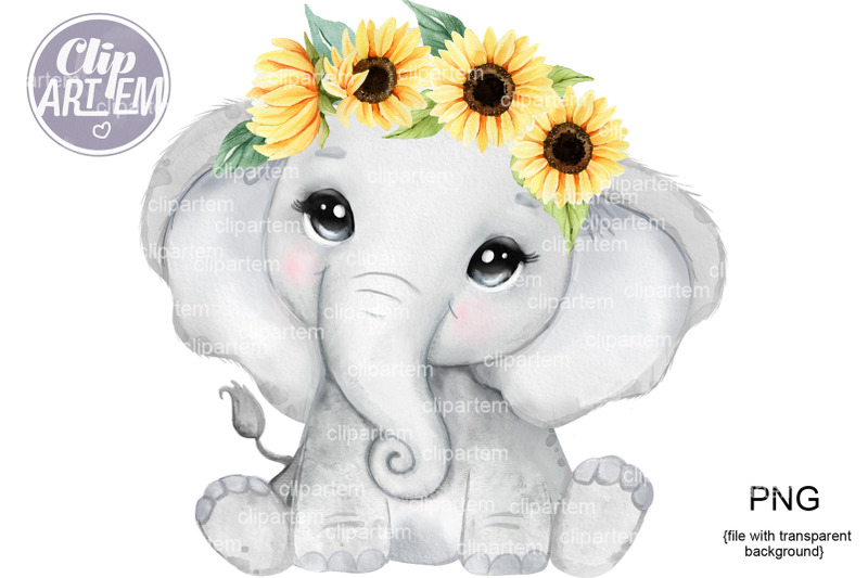 girl-sunflower-elephant-watercolor-png-gray-yellow-image