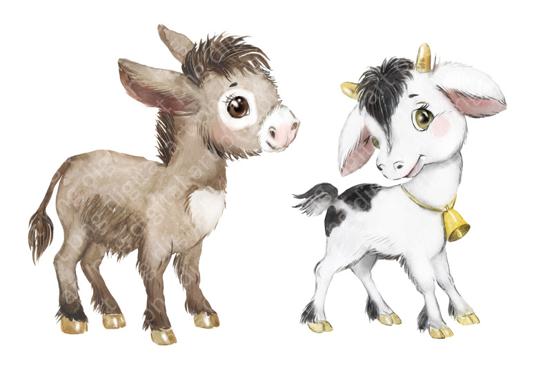 farm-animals-watercolor-clipart-little-cow-donkey-baby-goat-foal
