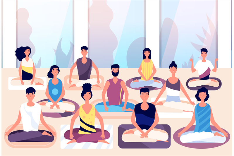 meditation-group-people-sit-in-lotus-posture-and-meditate-against-pan