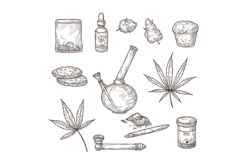 sketch-cannabis-medical-marijuana-leaves-weed-joint-and-bong-cbd-oi