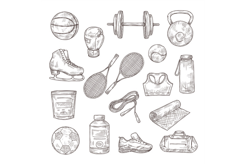 sketch-sports-equipment-ball-dumbbell-and-tennis-rackets-boxing-glo