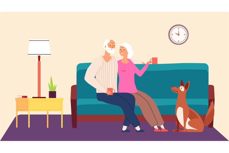 elderly-couple-hygge-family-evening-vector-concept-old-man-woman-dog