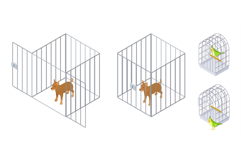 animals-in-cages-isometric-dog-bird-inside-and-outside-cage-pet-care