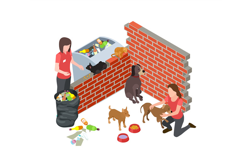 stray-animals-problem-stray-dogs-cats-care-isometric-vector-voluntee