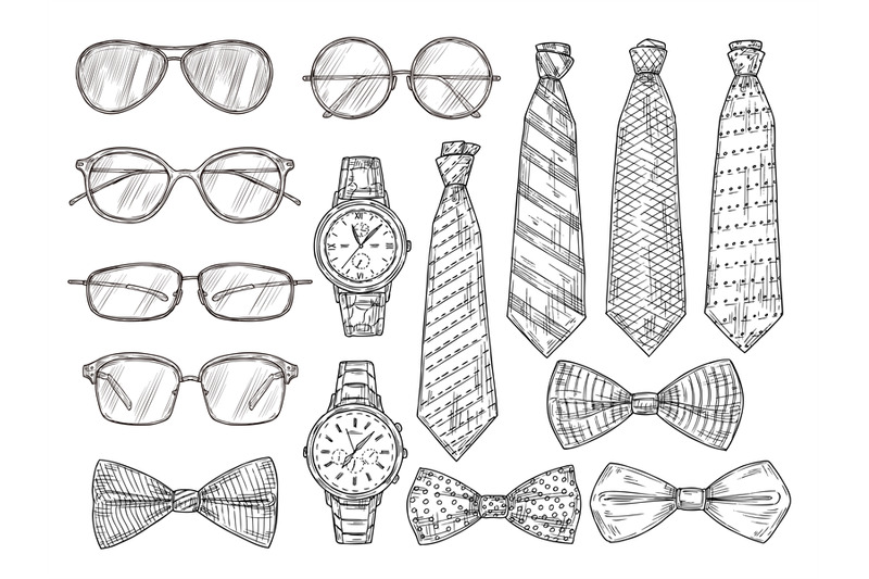 sketched-mens-accessories-glasses-watches-and-mens-ties-and-bow-tie