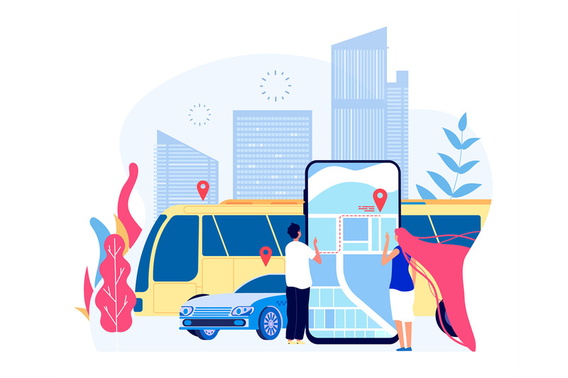 public-city-transport-people-and-urban-bus-vehicle-taxi-with-cityscap