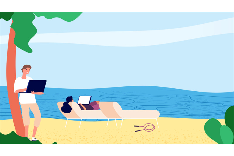 downshifting-people-flat-people-working-with-laptop-by-sea-vector-es