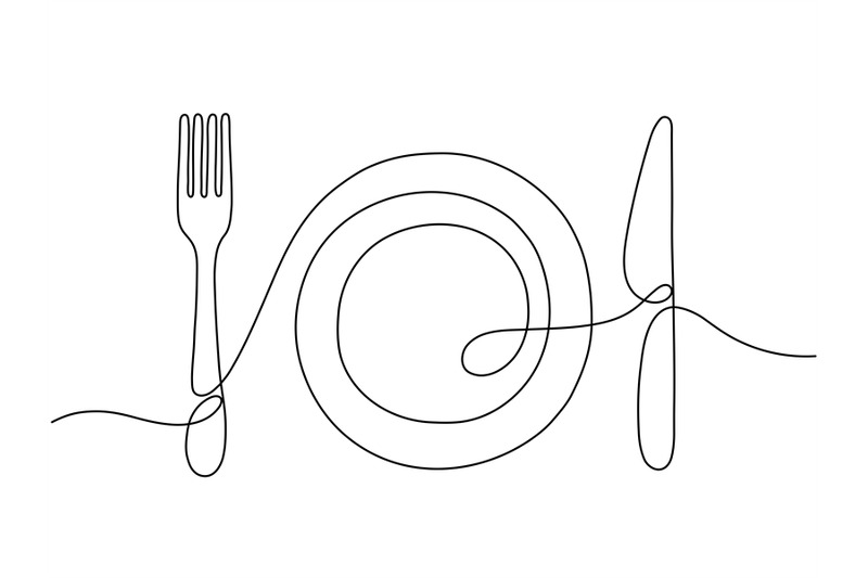 one-line-art-plate-knife-fork-continuous-outline-drawing-decoration