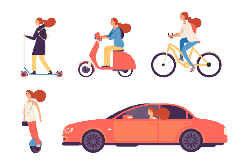 women-and-transport-girl-bicycle-and-scooter-in-car-isolated-female