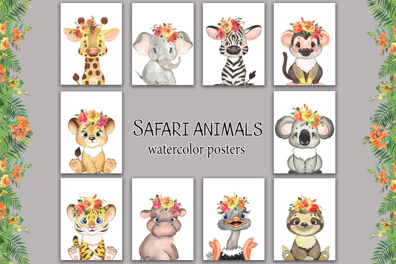safari-baby-animals-watercolor-posters-cute-kids-animals-wall-art