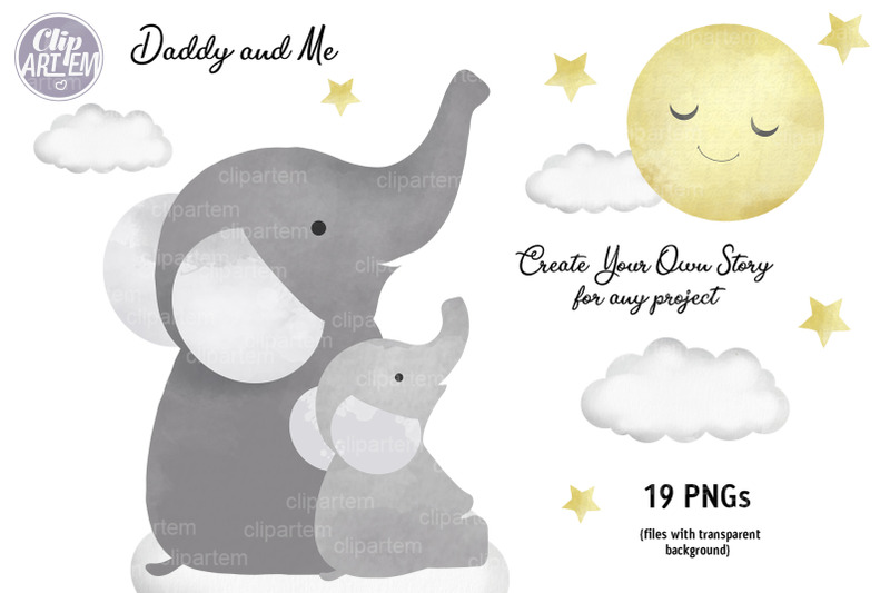 gray-elephant-bundle-19-watercolor-png-super-cute-baby-daddy-mommy