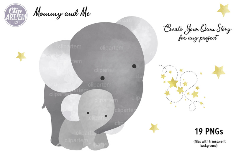 gray-elephant-bundle-19-watercolor-png-super-cute-baby-daddy-mommy