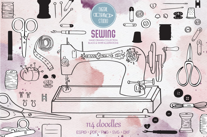 sewing-doodles-hand-drawn-vintage-singer-machine-scissors-buttons