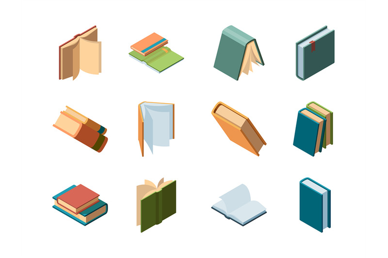 books-isometric-library-symbols-school-items-opened-and-closed-diary