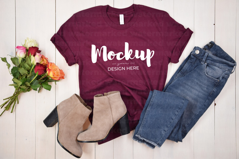 maroon-shirt-mockup-boots-and-flowers
