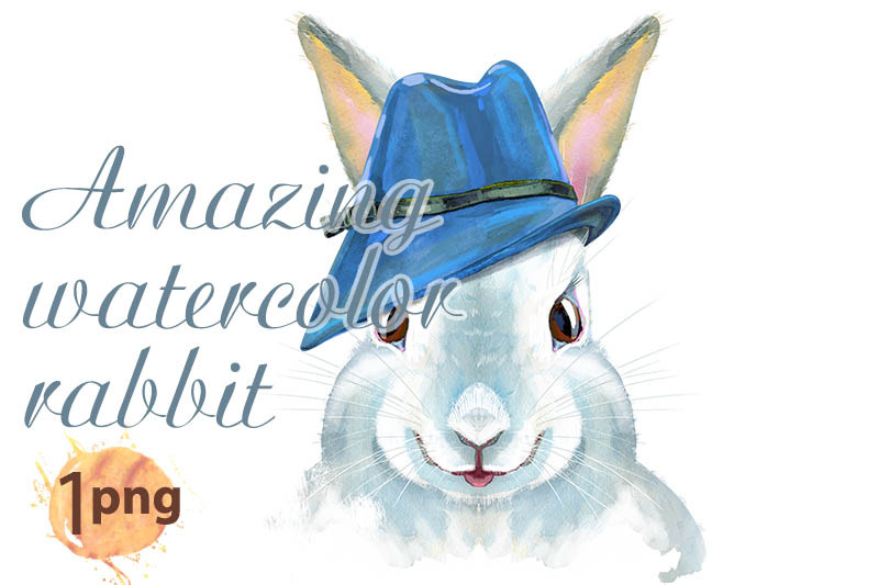 watercolor-illustration-of-a-white-rabbit-in-blue-hat