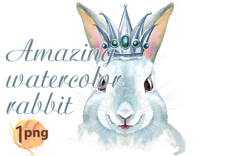 watercolor-illustration-of-a-white-rabbit-with-silver-crown