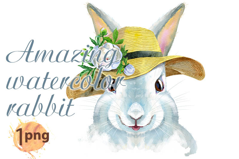 watercolor-illustration-of-a-white-rabbit-in-summer-hat-with-flower