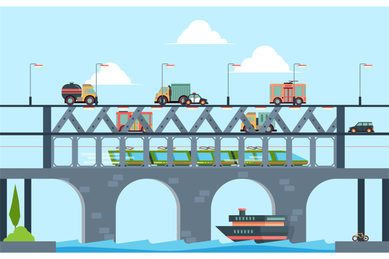 landscape-with-bridge-speed-truck-highway-bridge-with-cars-vector-car