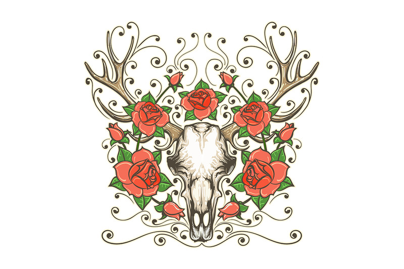 antler-skull-with-rose-flowers-tattoo