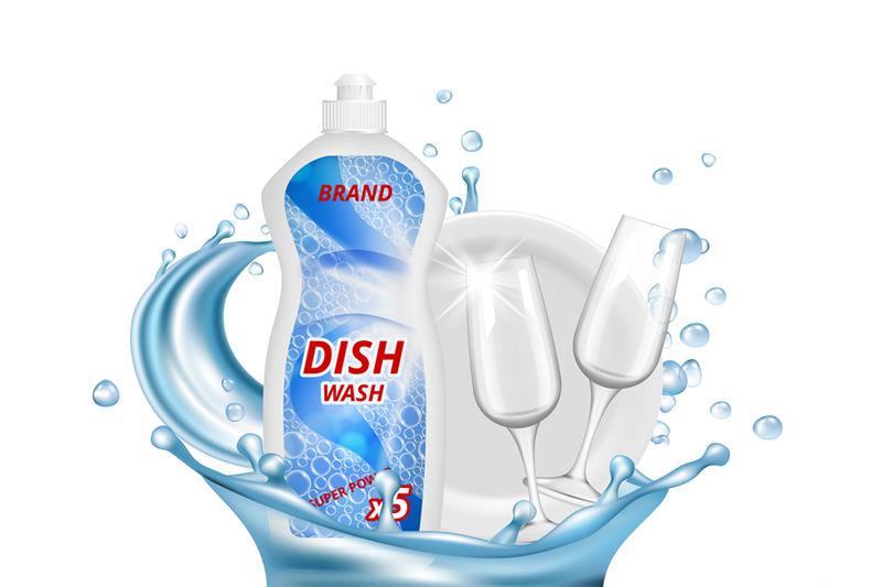 dish-liquid-detergent-water-splashes-glasses-white-plate-vector-ill