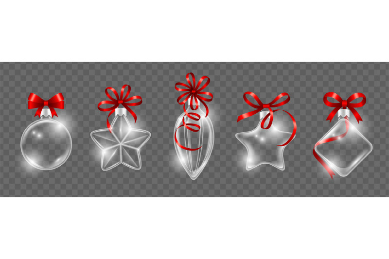 glass-christmas-toys-with-red-ribbon-bow-realistic-glass-ball-vector