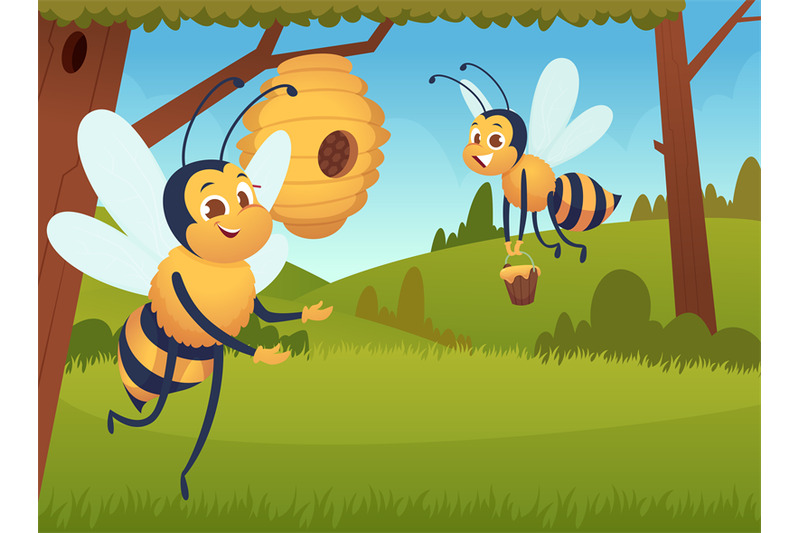 cartoon-bee-background-flying-flowers-yellow-insects-hive-honeycomb-a