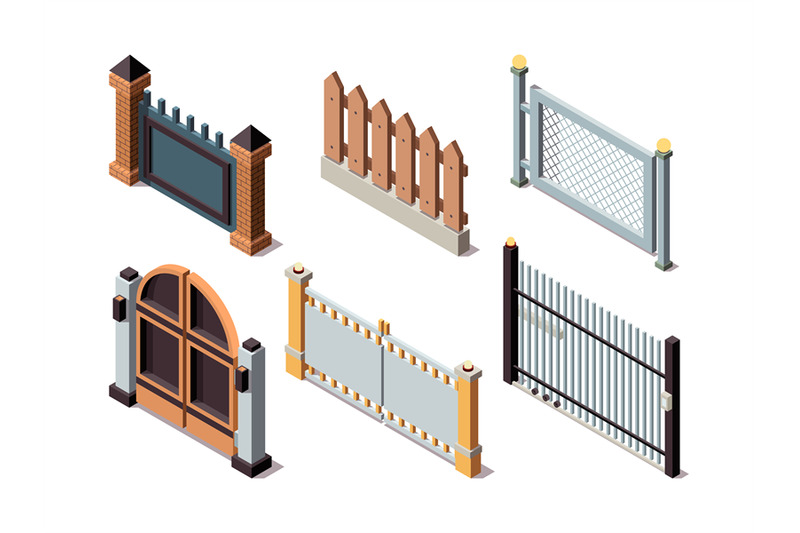 isometric-fences-residential-house-elements-secure-barriers-metal-and