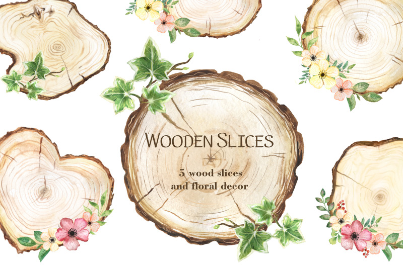 wooden-slices-watercolor-clipart-floral-decor-wood-slice-clipart