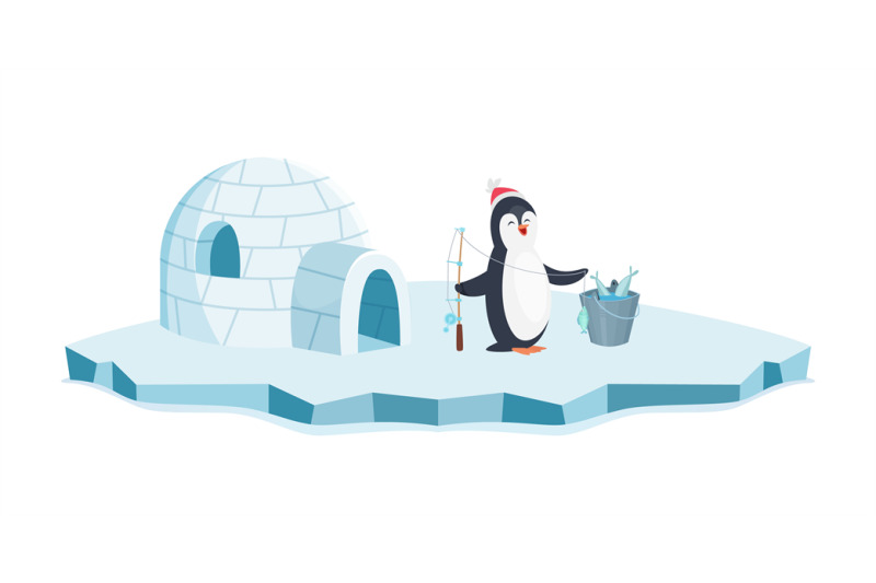 happy-penguin-fishing-christmas-penguin-on-ice-and-bucket-of-fish-vec