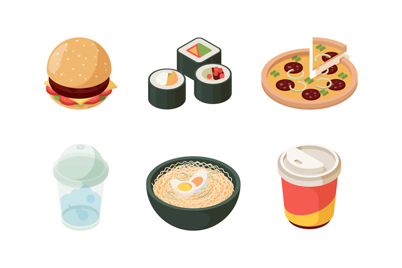 fast-food-isometric-burger-sushi-pizza-cold-drinks-hot-dog-donuts-ice
