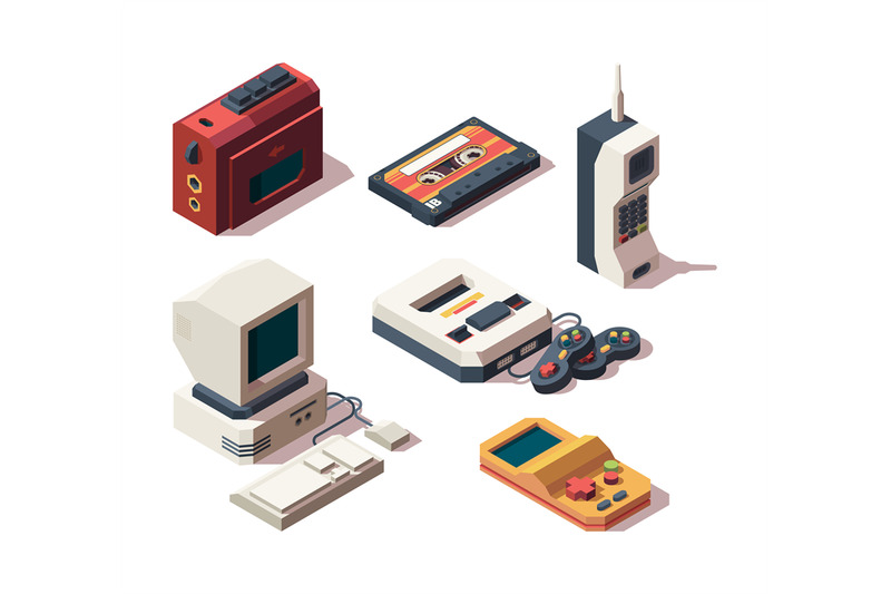 retro-gadgets-computer-camera-telephone-vhs-player-game-console-porta