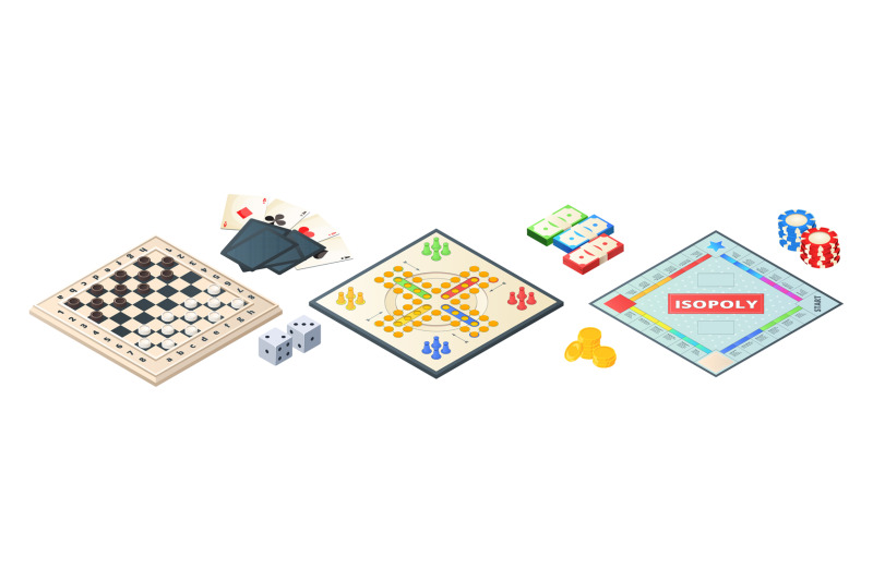 board-games-isometric-various-tools-for-board-games-dices-pawns-car