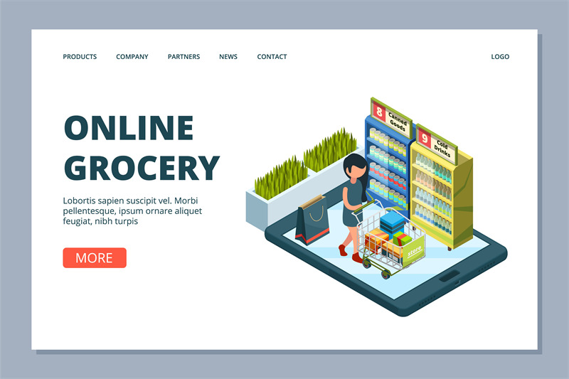 online-grocery-landing-page-vector-isometric-woman-with-shopping-cart