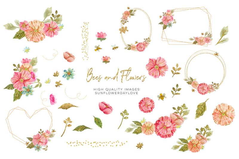 bee-pink-amp-peach-flowers-watercolor-clipart-hand-painted
