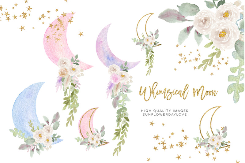 moon-clouds-stars-clipart-greenery-gold-glitter-whimsical