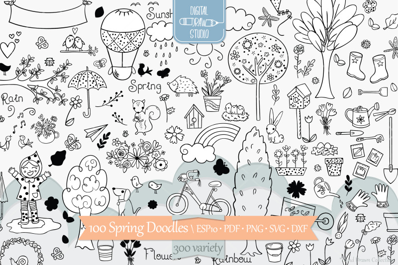 spring-season-doodles-gardening-bugs-bicycle-birds-flowers